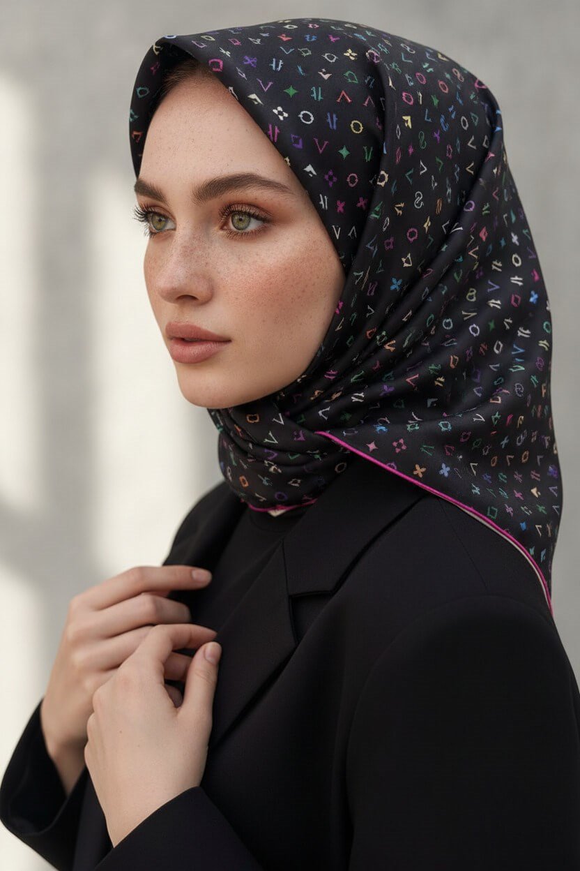 %100 Twill İpek Çıtır Motif Desenli Siyah - Fuşya Renkli 90x90 Eşarp Dikim Şekli : El Dikişi