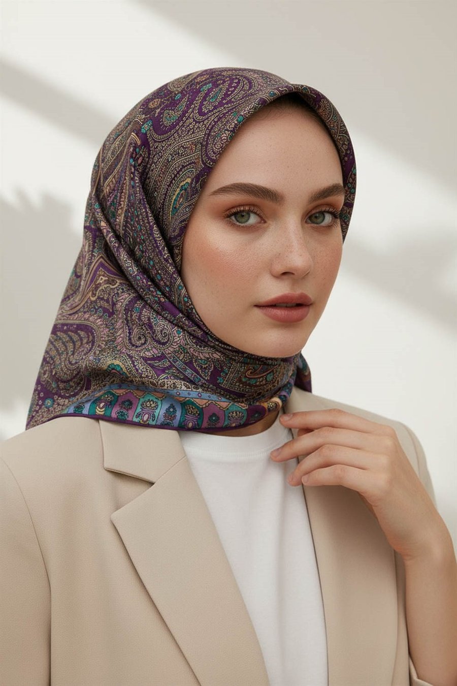 %100 Twill İpek Etro Desenli Mürdüm Renkli 90x90 Eşarp Dikim Şekli : El Dikişi
