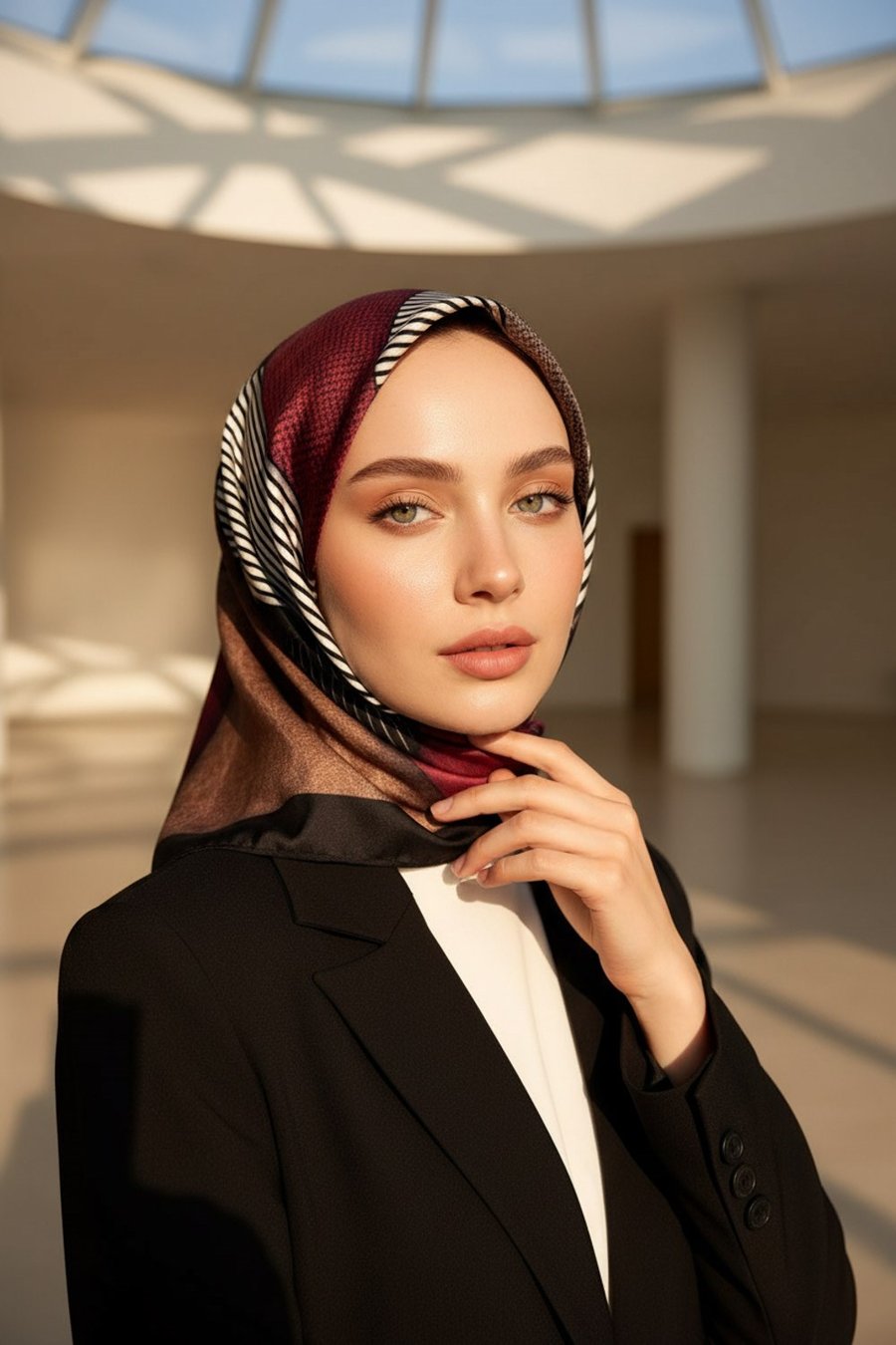 %100 Twill İpek Dokulu ve Geometrik Desenli Bordo - Bej Renkli 90x90 Eşarp Dikim Şekli : El Dikişi