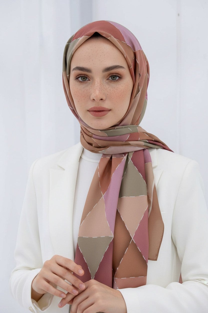 KREP ÜÇGEN YAMA DESENLİ PUDRA RENKLİ 75X195 KIRIŞMAZ ŞAL