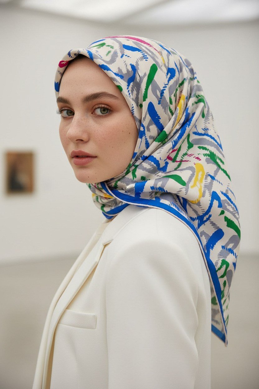%100 Twill İpek Geometrik Desenli Saks - Zümrüt Yeşili Renkli 90x90 Eşarp Dikim Şekli : El Dikişi