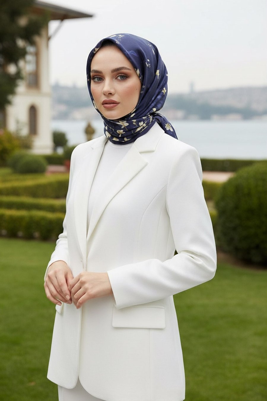 %100 Twill İpek Çiçek Desenli Lacivert Renkli 90x90 Eşarp Dikim Şekli : El Dikişi