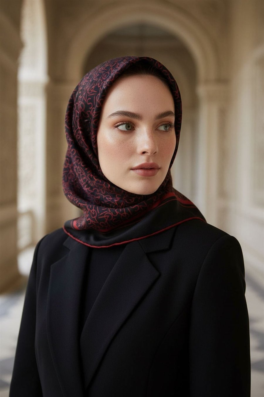 %100 Twill İpek Harf Desenli Siyah - Kırmızı Renkli 90x90 Eşarp Dikim Şekli : El Dikişi