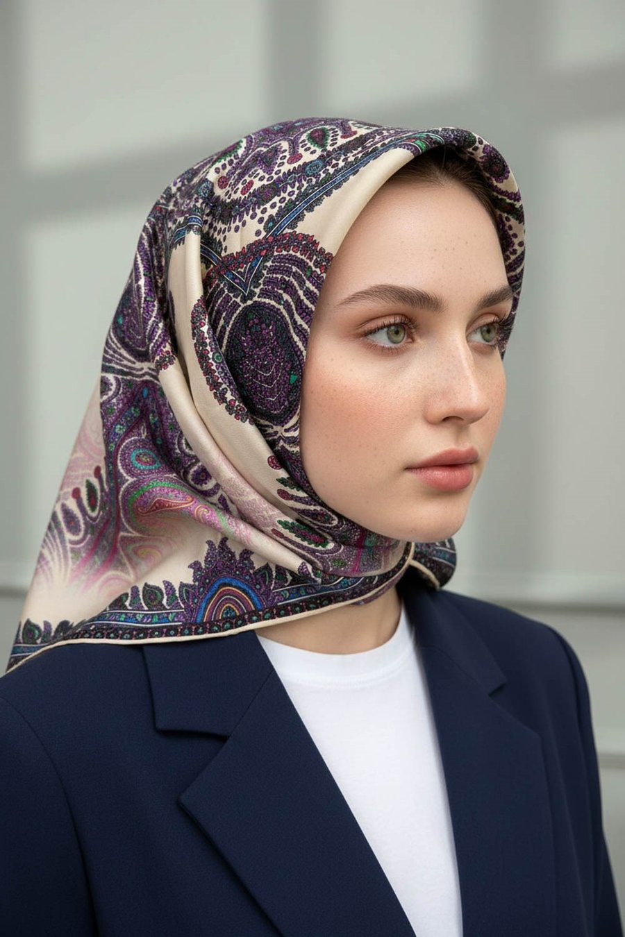 %100 Twill İpek Şal Desenli Krem Renkli 90x90 Eşarp Dikim Şekli : El Dikişi