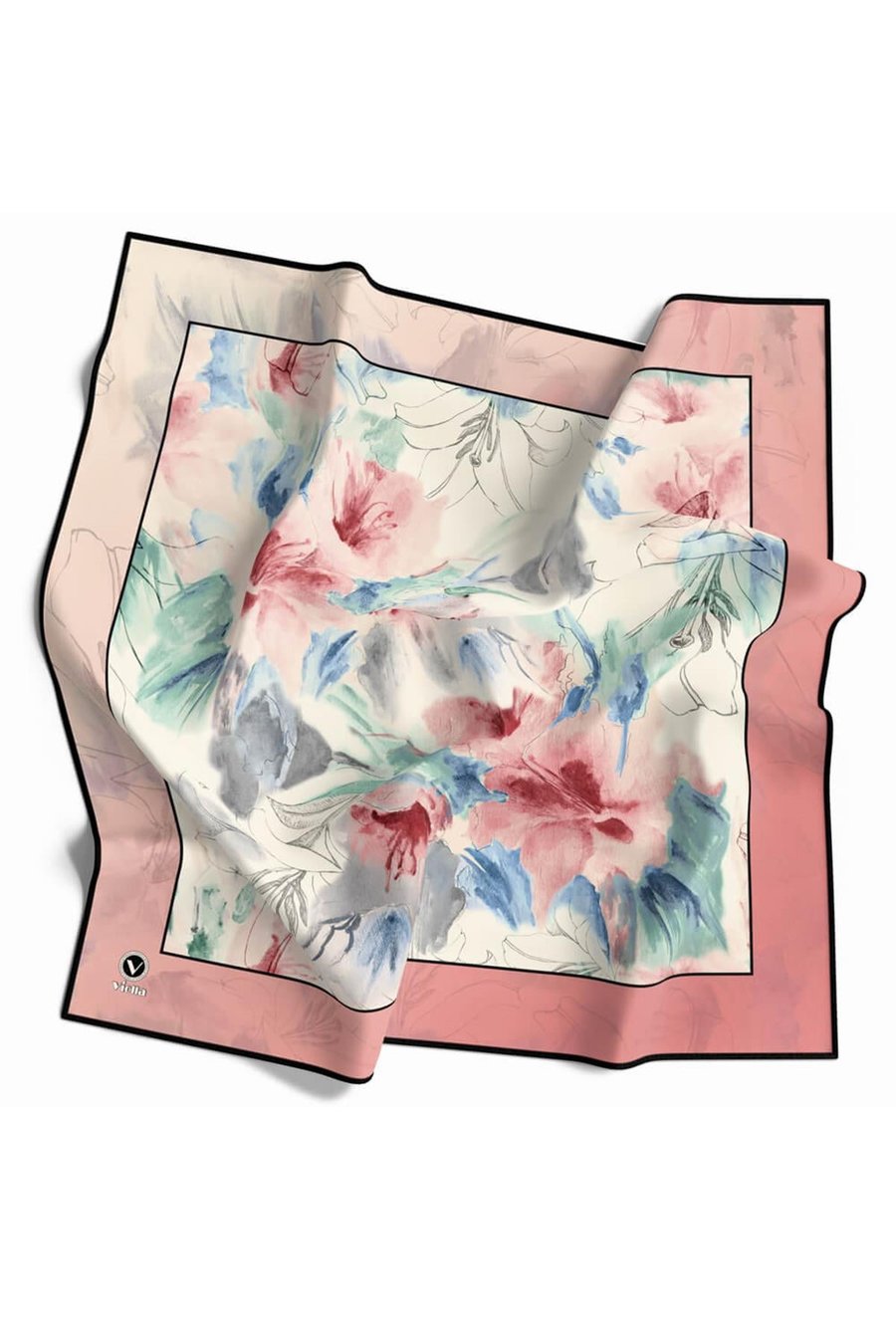 Soft Twill Suluboya Çiçek Desenli Pudra Renkli 90x90 Eşarp (İpek İçermez) Kenar Dikiş Şekli El Dikişli