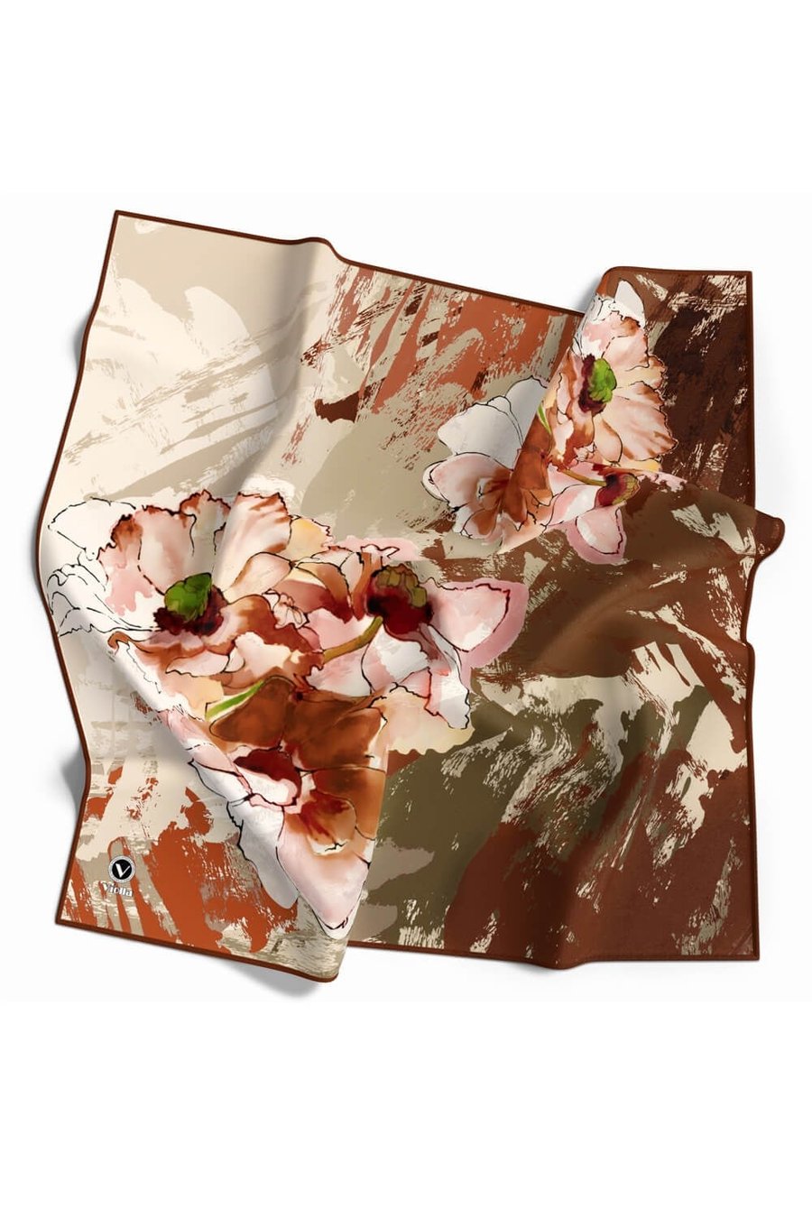 Twill Çiçek Desenli Taba Renkli 90x90 Eşarp (İpek İçermez) Dikim Şekli : El Dikişi