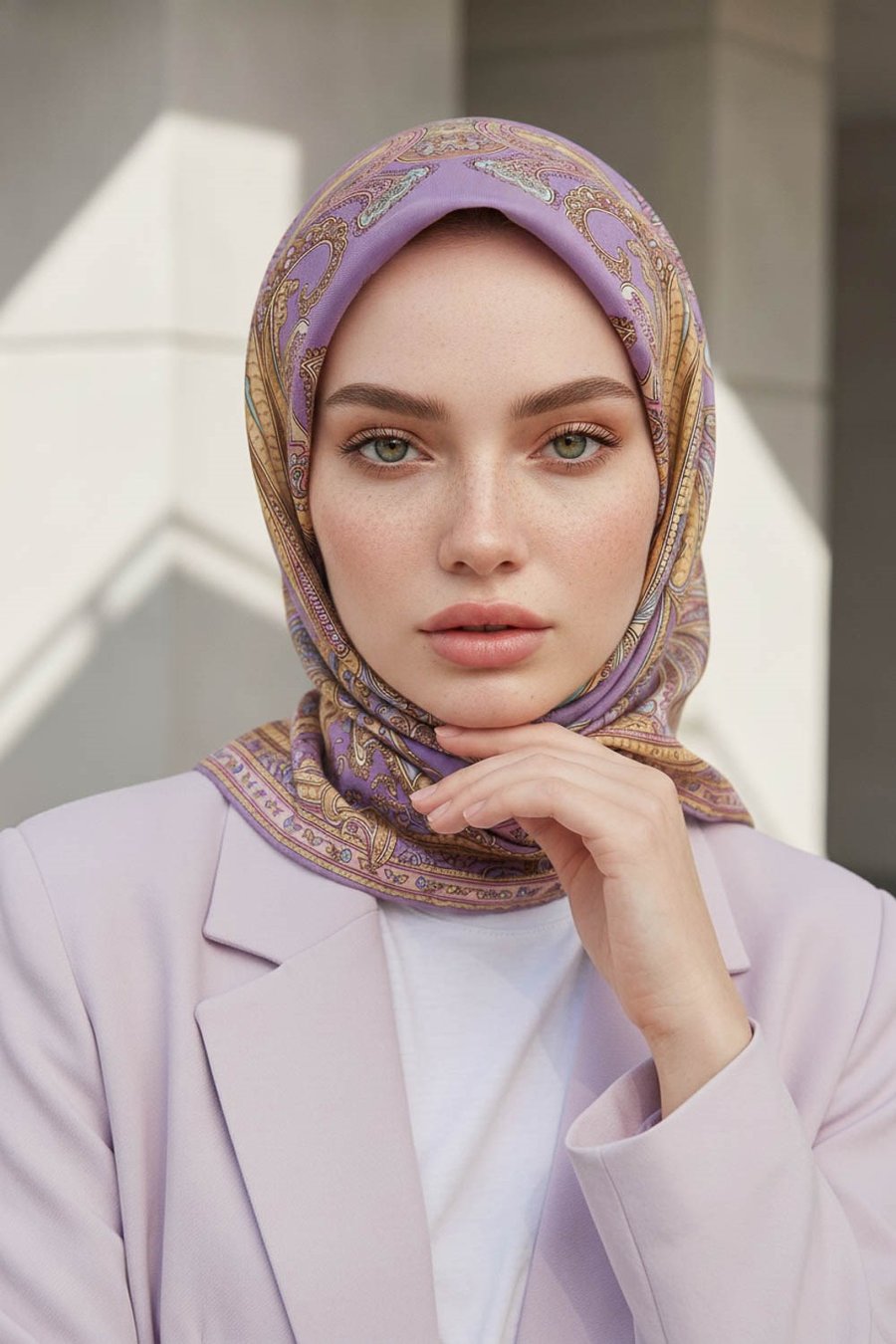 %100 Twill İpek Şal Desenli Lila Renkli 90x90 Eşarp Dikim Şekli : El Dikişi