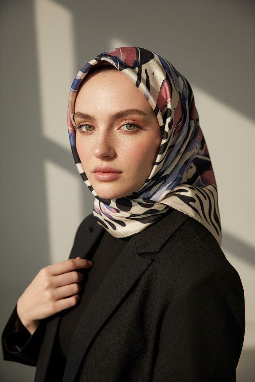 %100 Twill İpek Amazon Desenli Pudra - Gri Renkli 90x90 Eşarp Kenar Dikiş Şekli El Dikişli