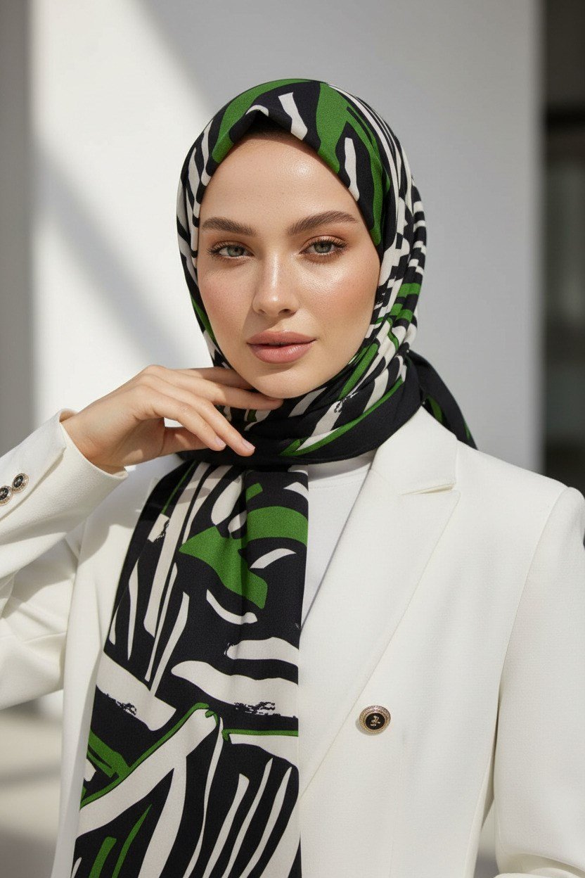 KREP ÇİZGİ DESENLİ ZÜMRÜT YEŞİLİ RENKLİ 75X195 KIRIŞMAZ ŞAL