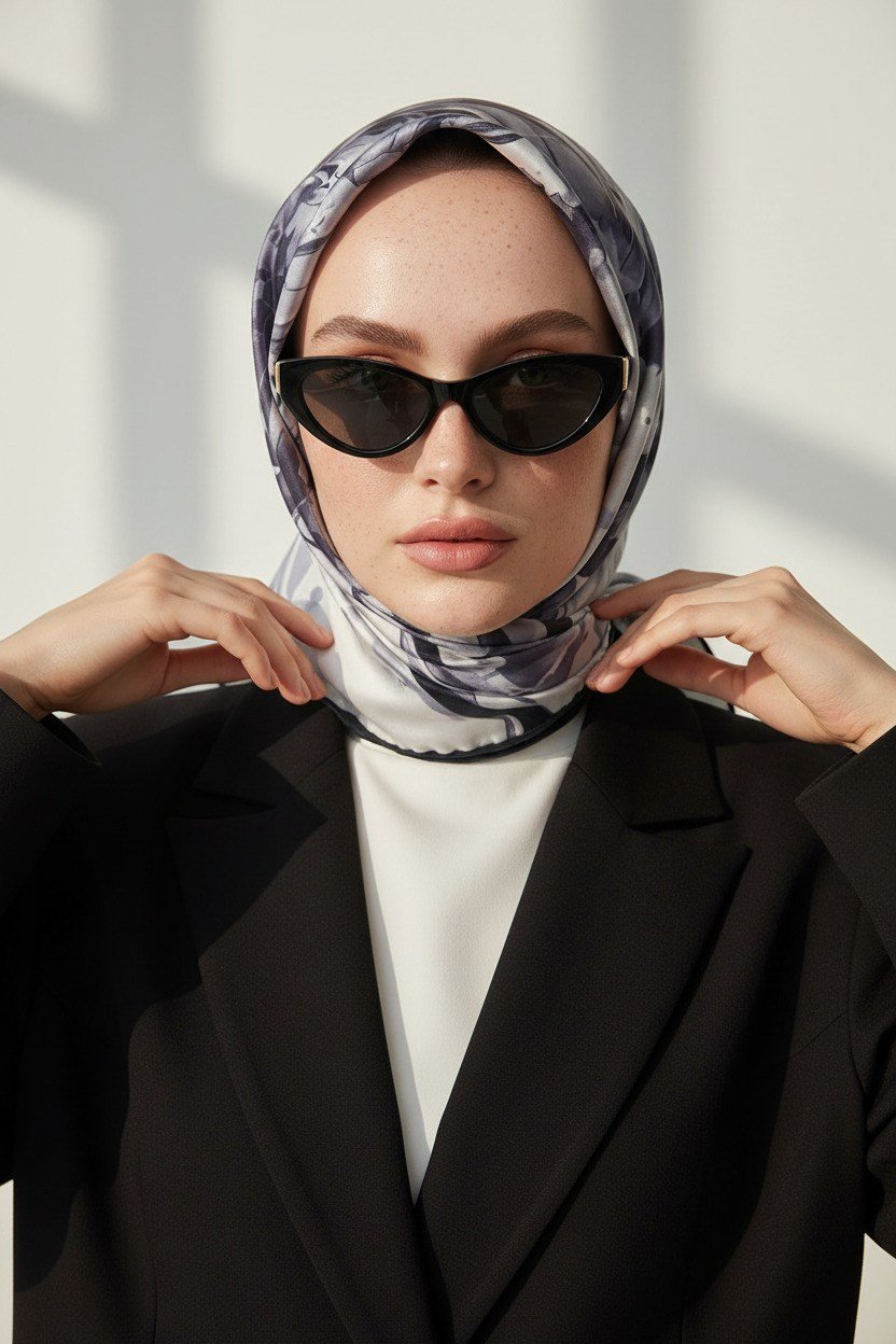 %100 Twill İpek Eşarp 90x90 Çiçekli Sulu Boya Desenli El Dikişli Kadın Eşarp