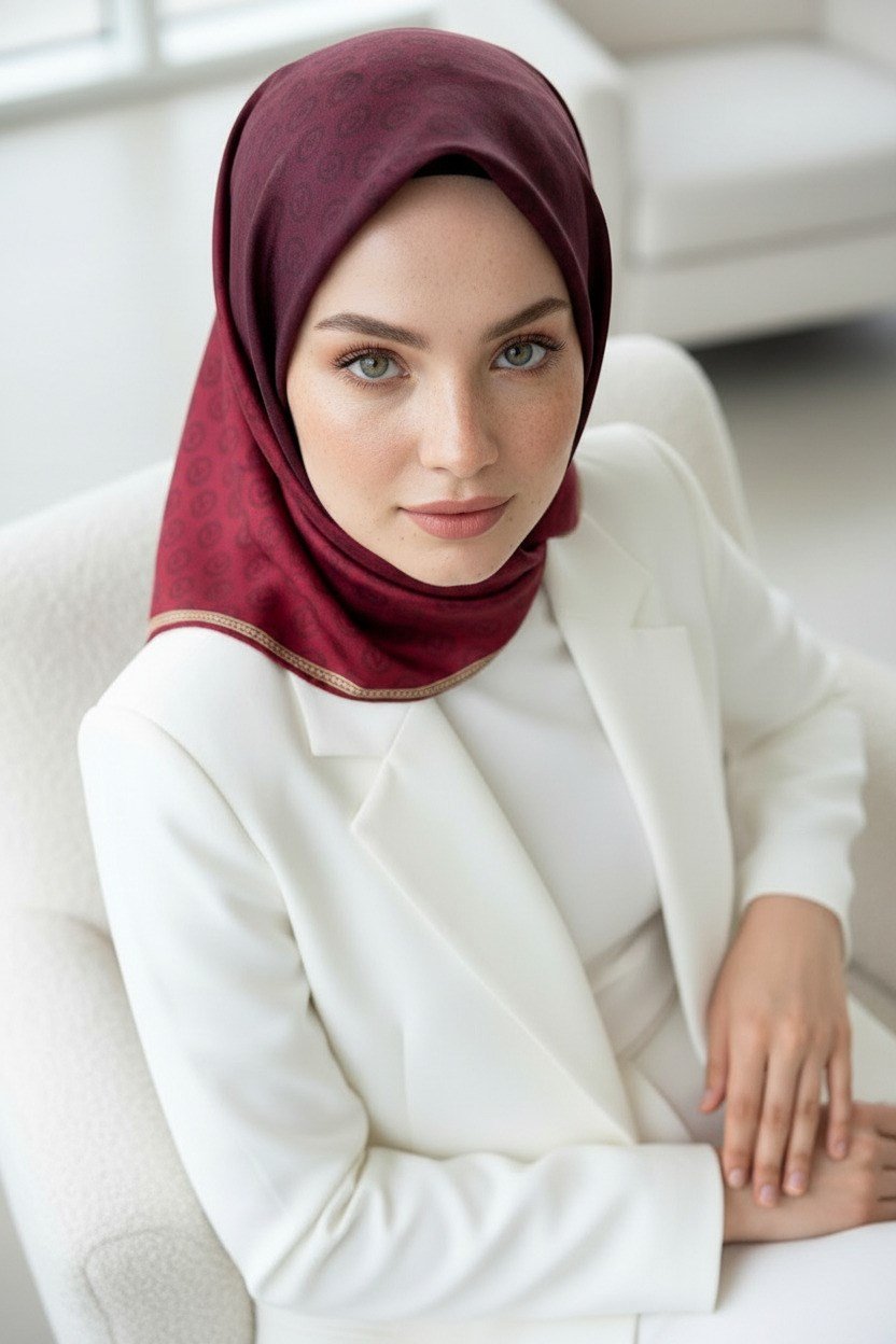 %100 Twill İpek Monogram Desenli Bordo Renkli 90x90 Eşarp Dikim Şekli : El Dikişi