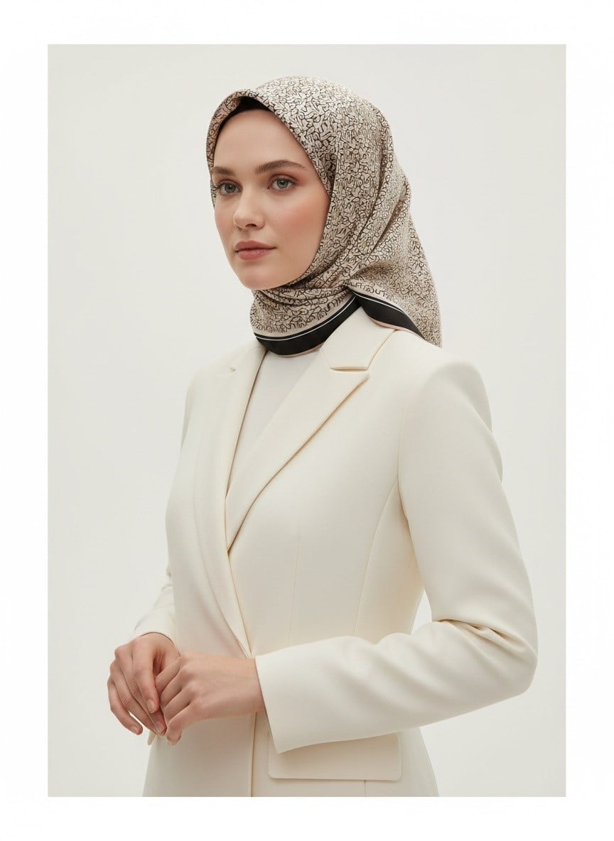 %100 Twill İpek Harf Desenli Bej - Siyah Renkli 90x90 Eşarp Dikim Şekli : El Dikişi