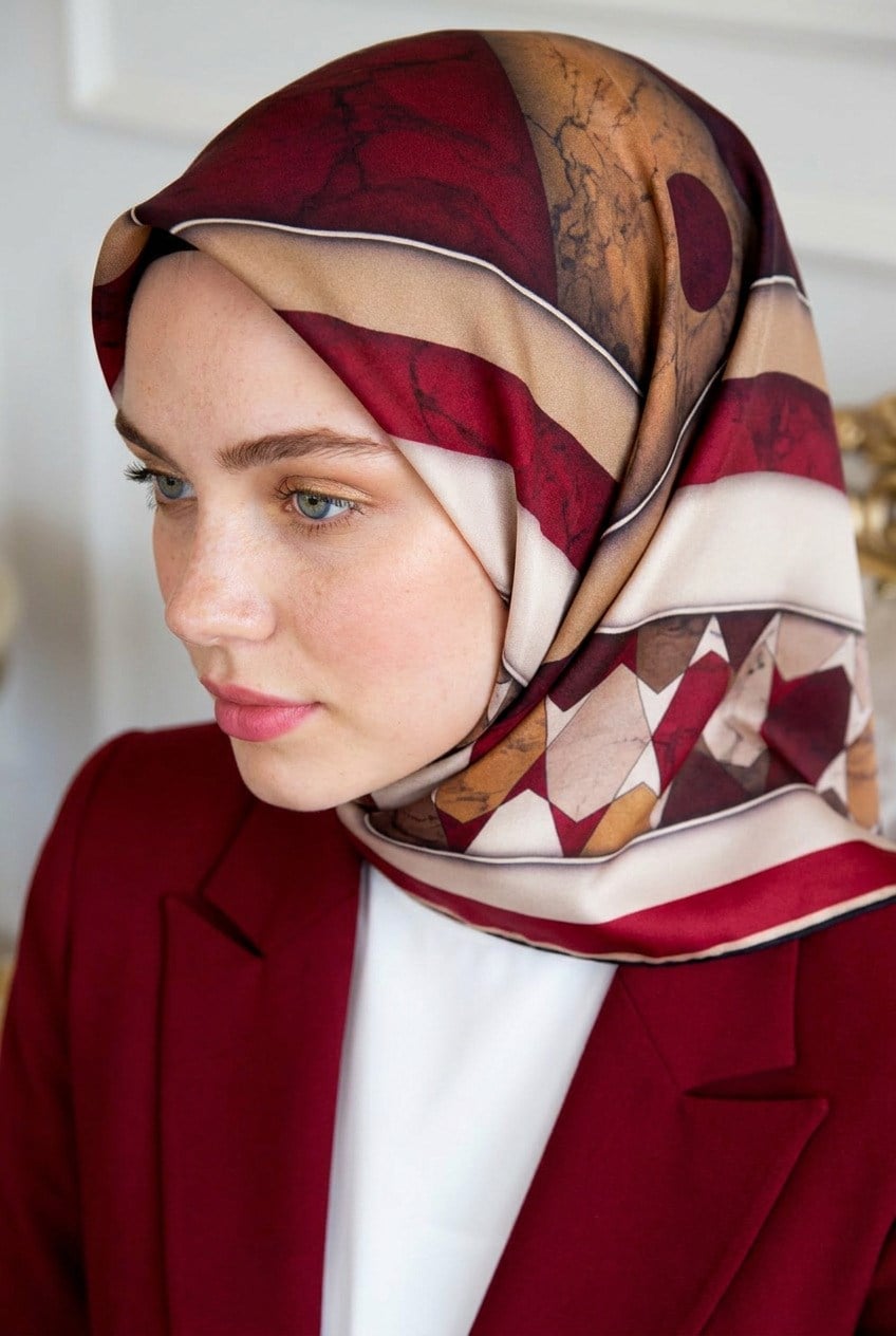 %100 Twill İpek Mermer Efektrli Geometrik Desenli Bordo - Gold Renkli 90x90 Eşarp Dikim Şekli : El Dikişi