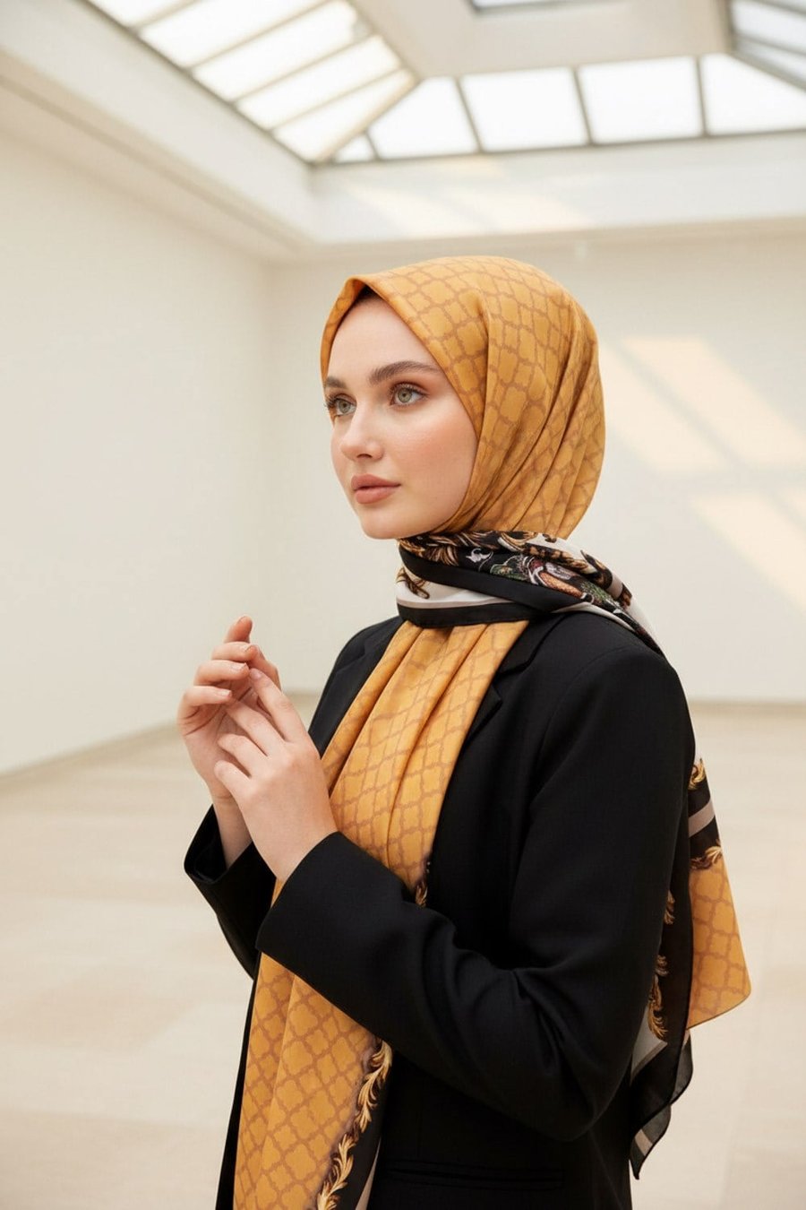 %100 Saf İpek Şal İnce Saten Vual Dokuma Dokuma Çiçek Desenli Siyah- Gold Renkli 90x210 Şal