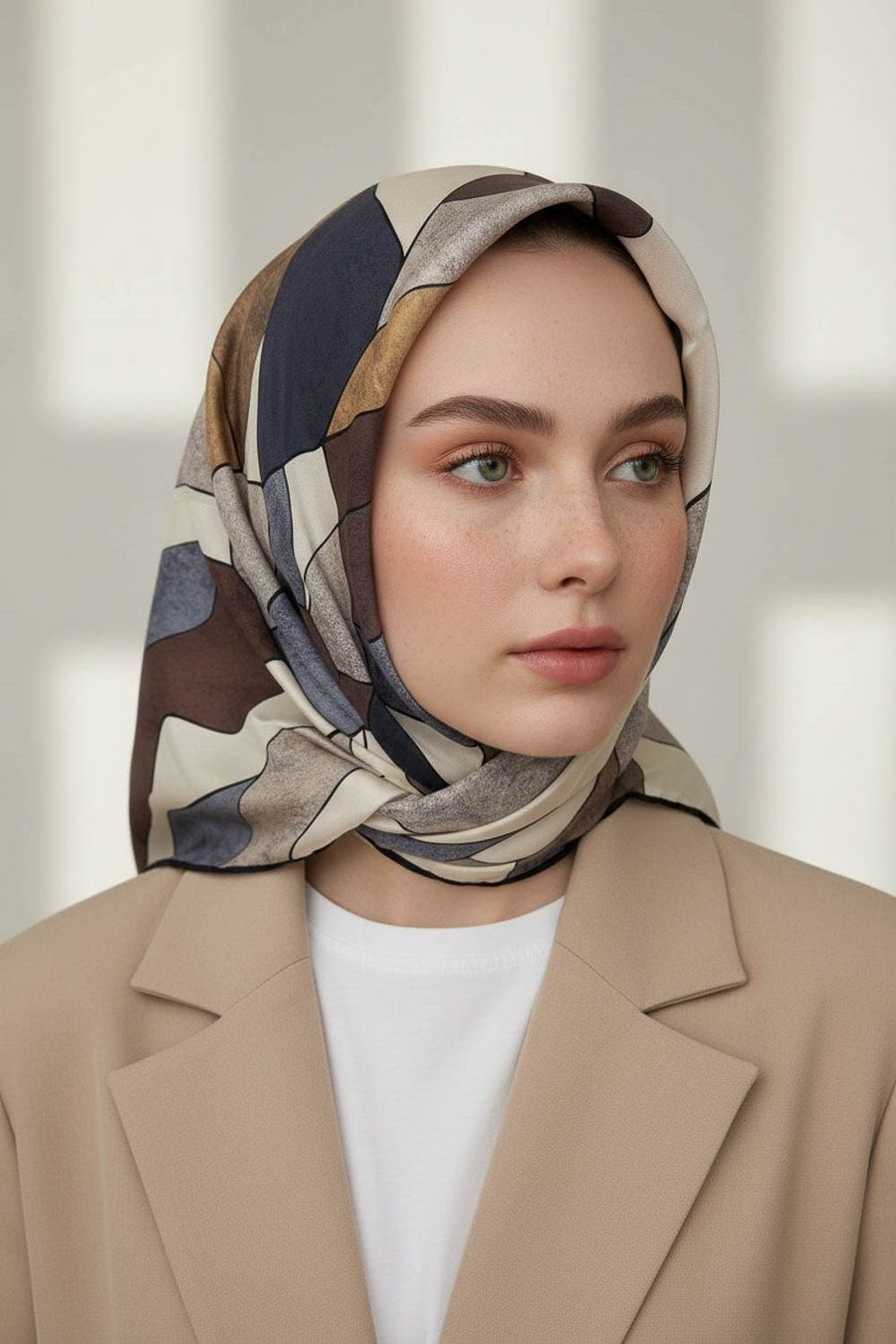 %100 Twill İpek Geometrik Desenli Bej - Gri Renkli 90x90 Eşarp Dikim Şekli : El Dikişi