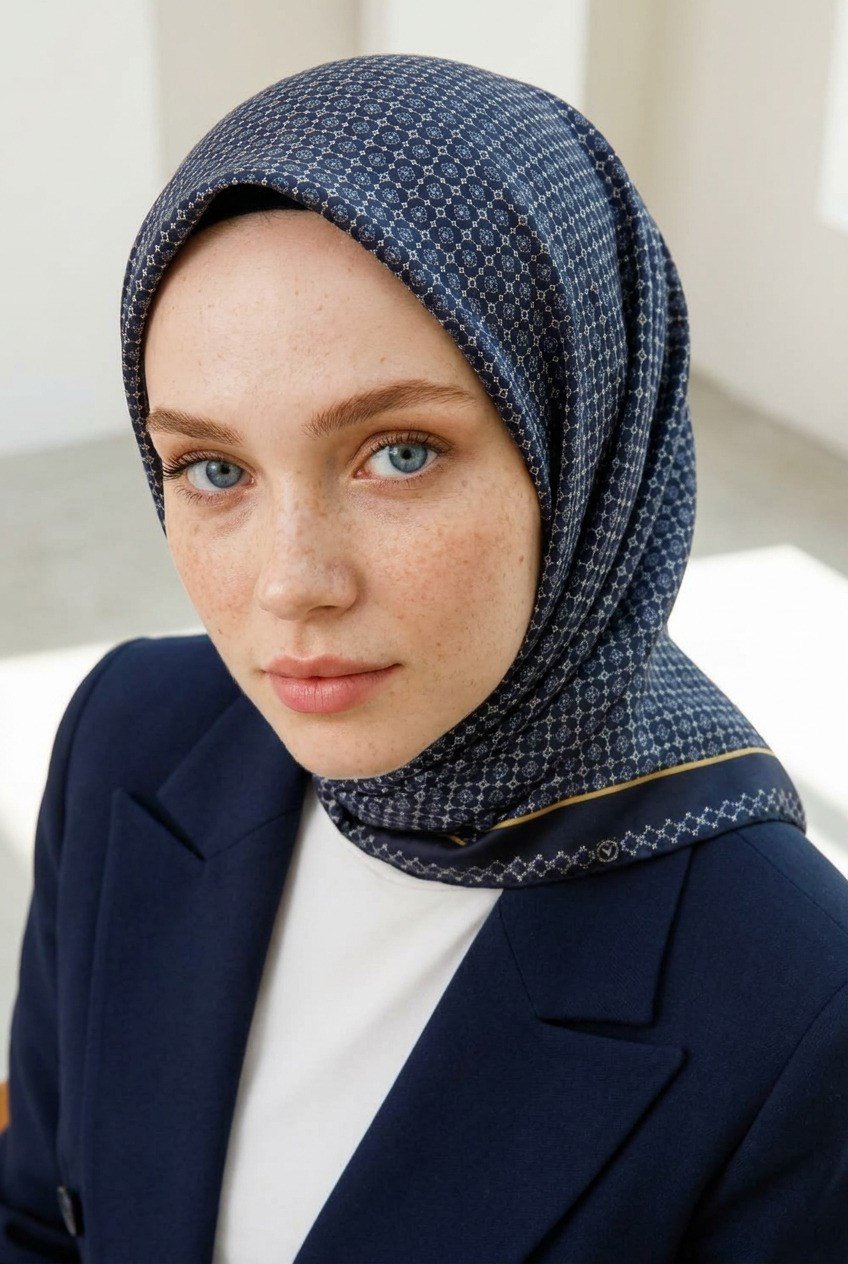 %100 Twill İpek Minik Motif Desenli Lacivert - Lacivert Renkli 90x90 Eşarp Dikim Şekli : El Dikişi