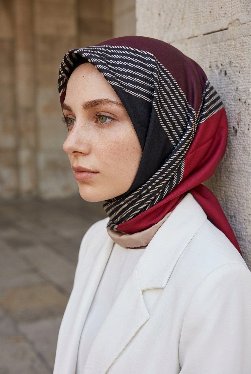 %100 Twill İpek Geometrik Desenli Bordo Renkli 90x90 Eşarp Dikim Şekli : El Dikişi