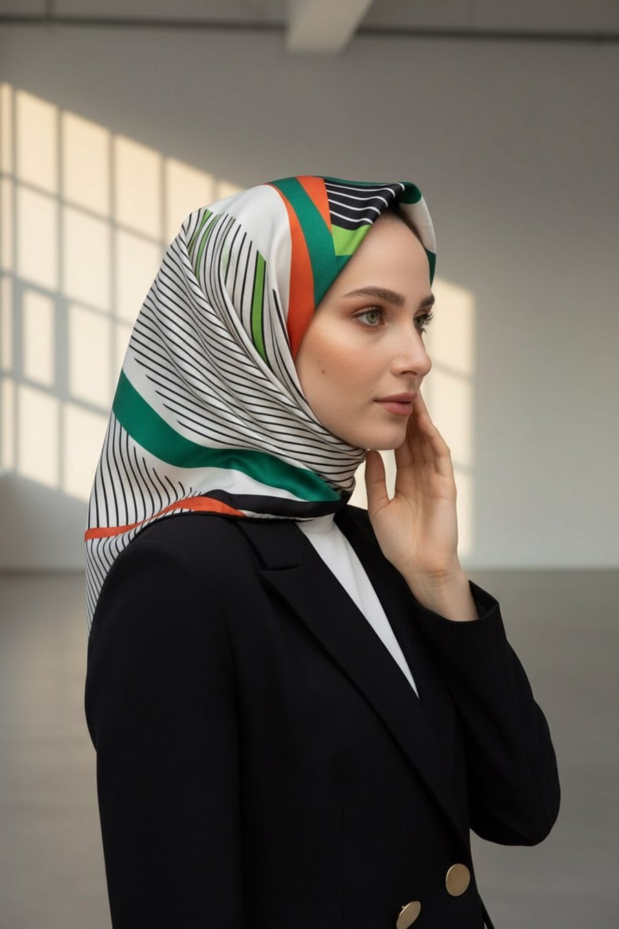 %100 Twill İpek Çizgili Geometrik Desenli Siyah - Fıstık Yeşili Renkli 90x90 Eşarp Dikim Şekli : El Dikişi