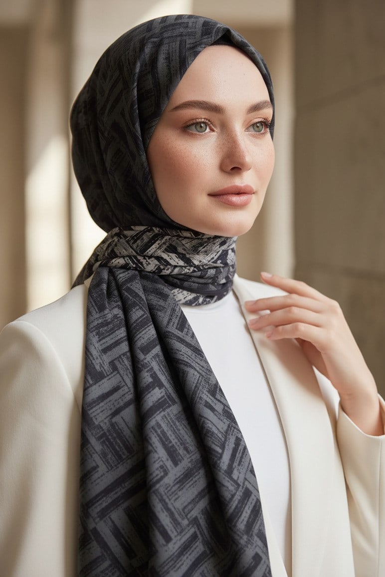 KREP DEGRADELİ ÇİZGİ DESENLİ FÜME RENKLİ 75X195 KIRIŞMAZ ŞAL