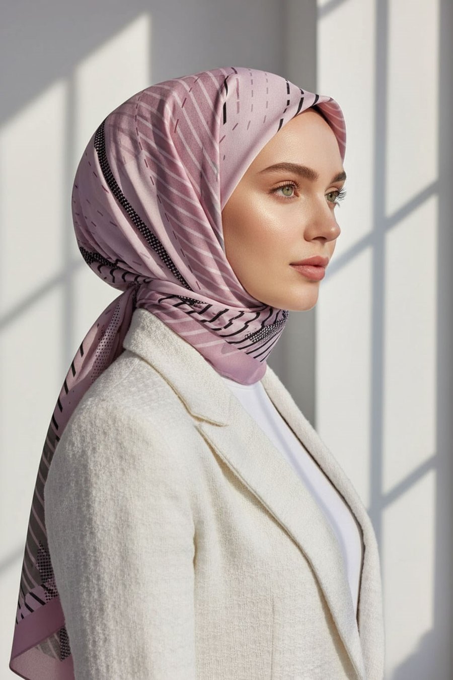 KREP ÇİZGİLİ DESENLİ PUDRA - GRİ RENKLİ 75X195 KIRIŞMAZ ŞAL