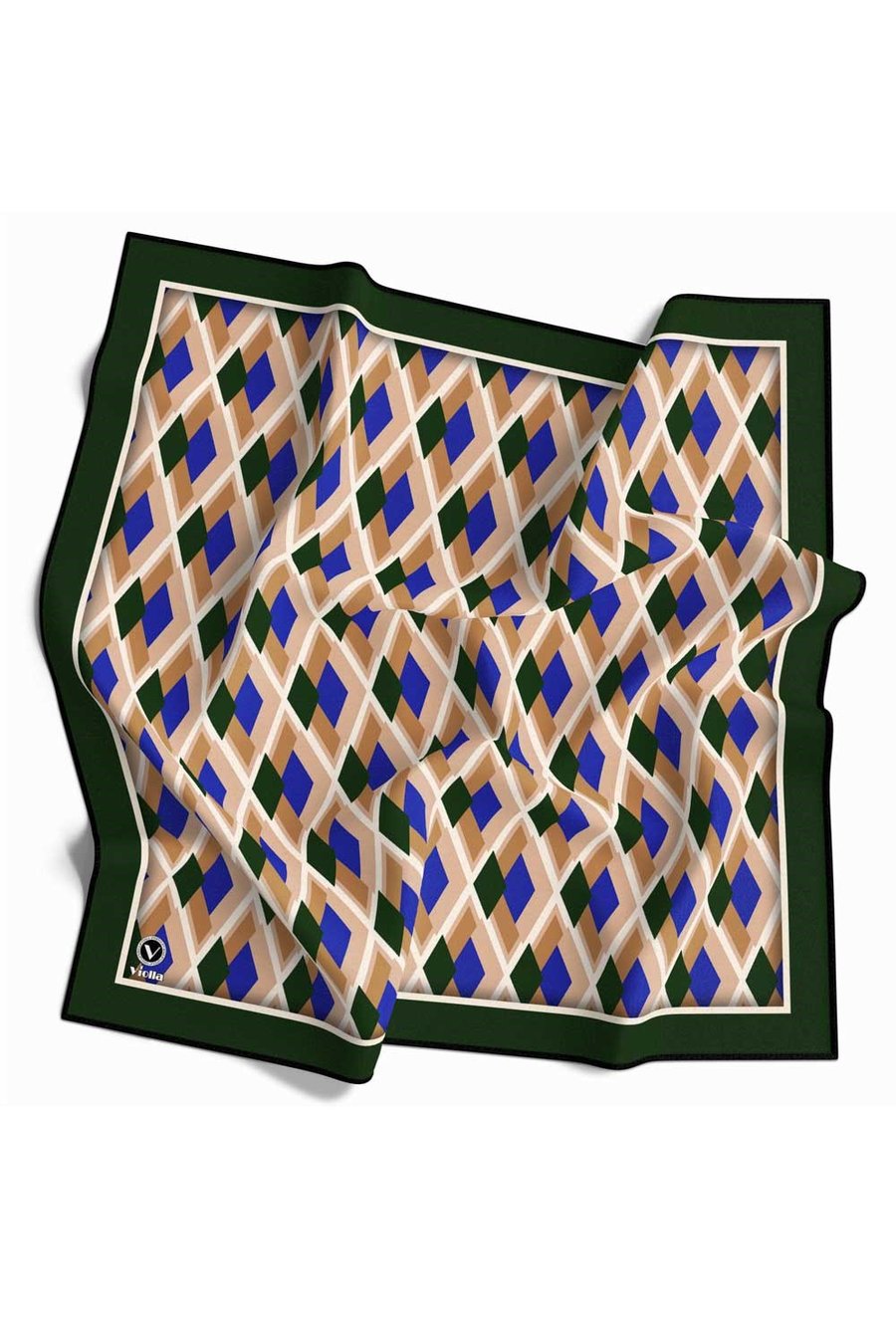 Kristal Geometrik Desenli Zümrüt Yeşili - Saks Renkli 90x90 Eşarp (İpek İçermez) Dikim Şekli : El Dikişi