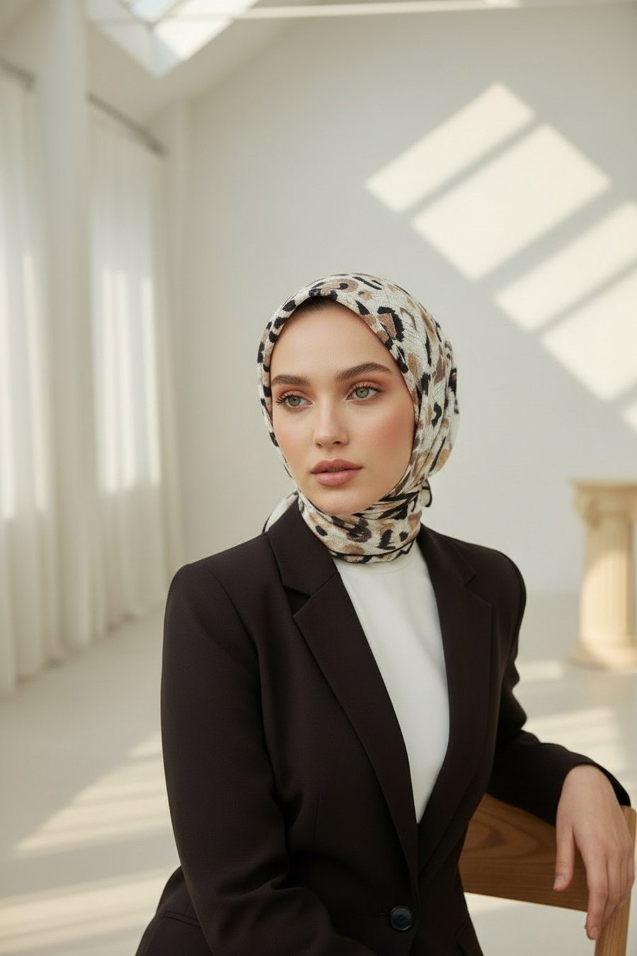 %100 Twill İpek Renkli Leopari Desenli Bej - Siyah Renkli 90x90 Eşarp Kenar Dikiş Şekli El Dikişli