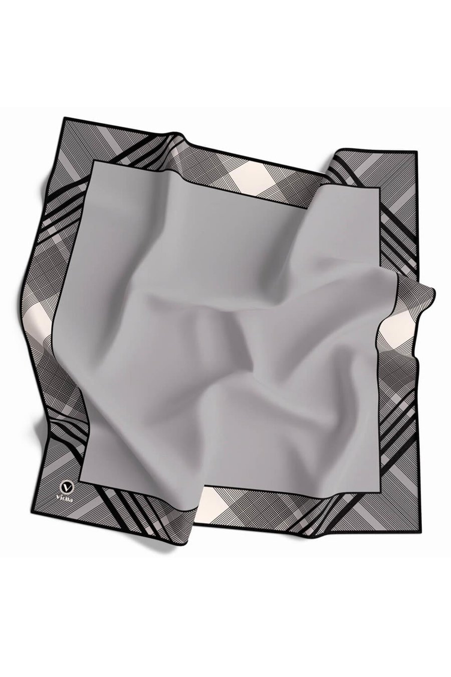 Soft Twill Bordürlü Ekose Desenli Gümüş Renkli 90x90 Eşarp (İpek İçermez) Kenar Dikiş Şekli El Dikişli