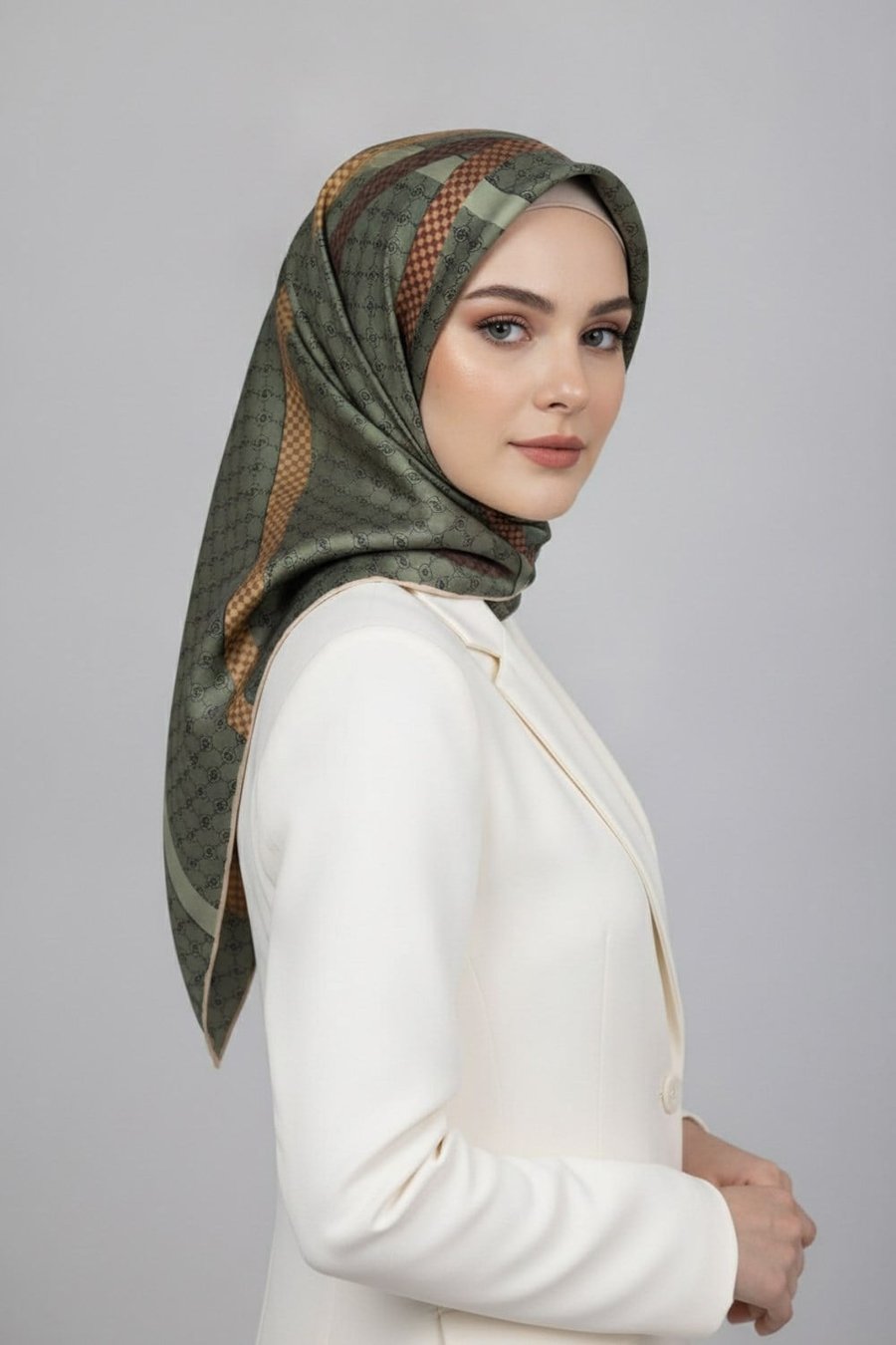 %100 Twill İpek Monogram Ve Şerit Desenli Haki - Taba Renkli 90x90 Eşarp Dikim Şekli : El Dikişi