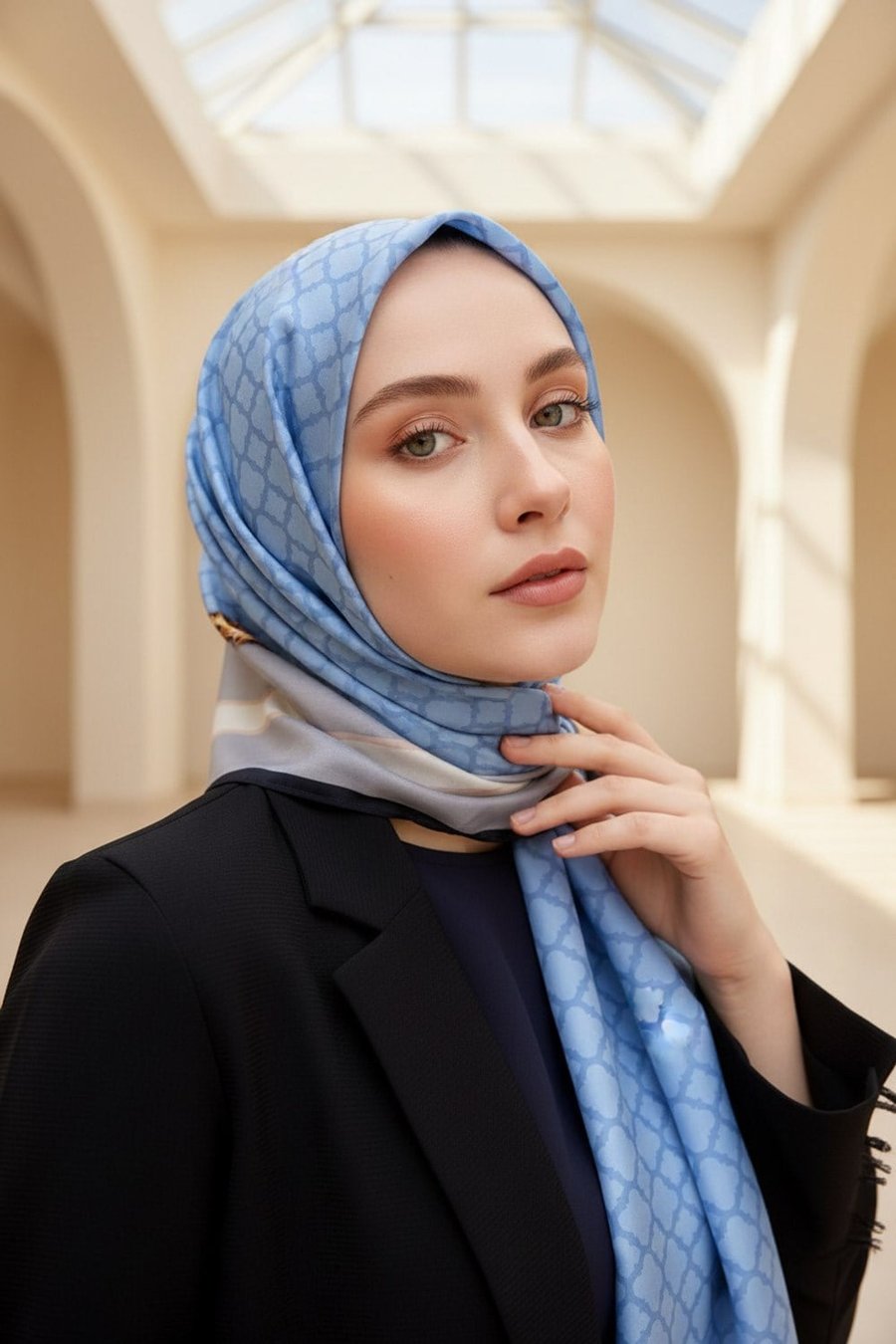 %100 Saf İpek Şal İnce Saten Vual Dokuma Dokuma Çiçek Desenli Bebe Mavisi - Gri Renkli 90x210 Şal
