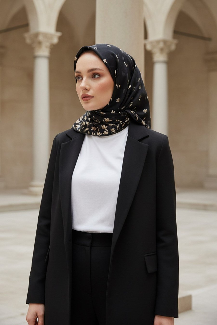 %100 Twill İpek Çiçek Desenli Siyah Renkli 90x90 Eşarp Dikim Şekli : El Dikişi