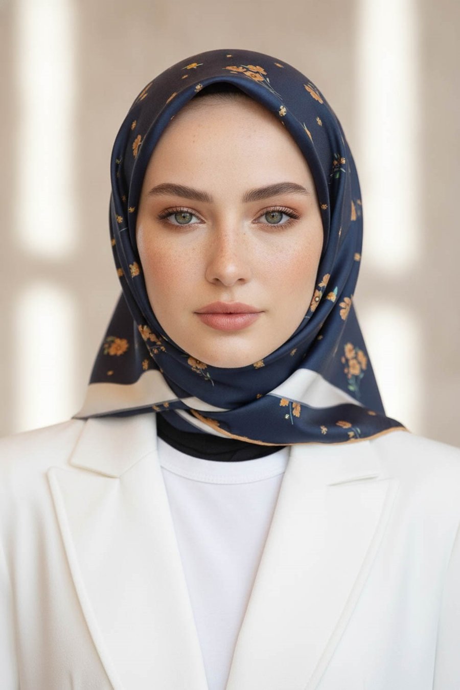 % 57 İPEK % 43 VİSKON Twill İpek Çıtır Çiçek Desenli Lacivert - Gold Renkli 90x90 Eşarp Dikim Şekli : El Dikişi
