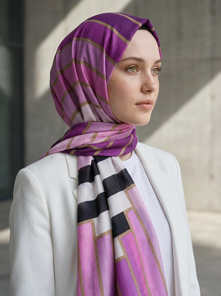 %100 Saf İpek Şal İnce Saten Vual Dokuma Şerit Desenli Mürdüm - Pembe Renkli 90x210 Şal