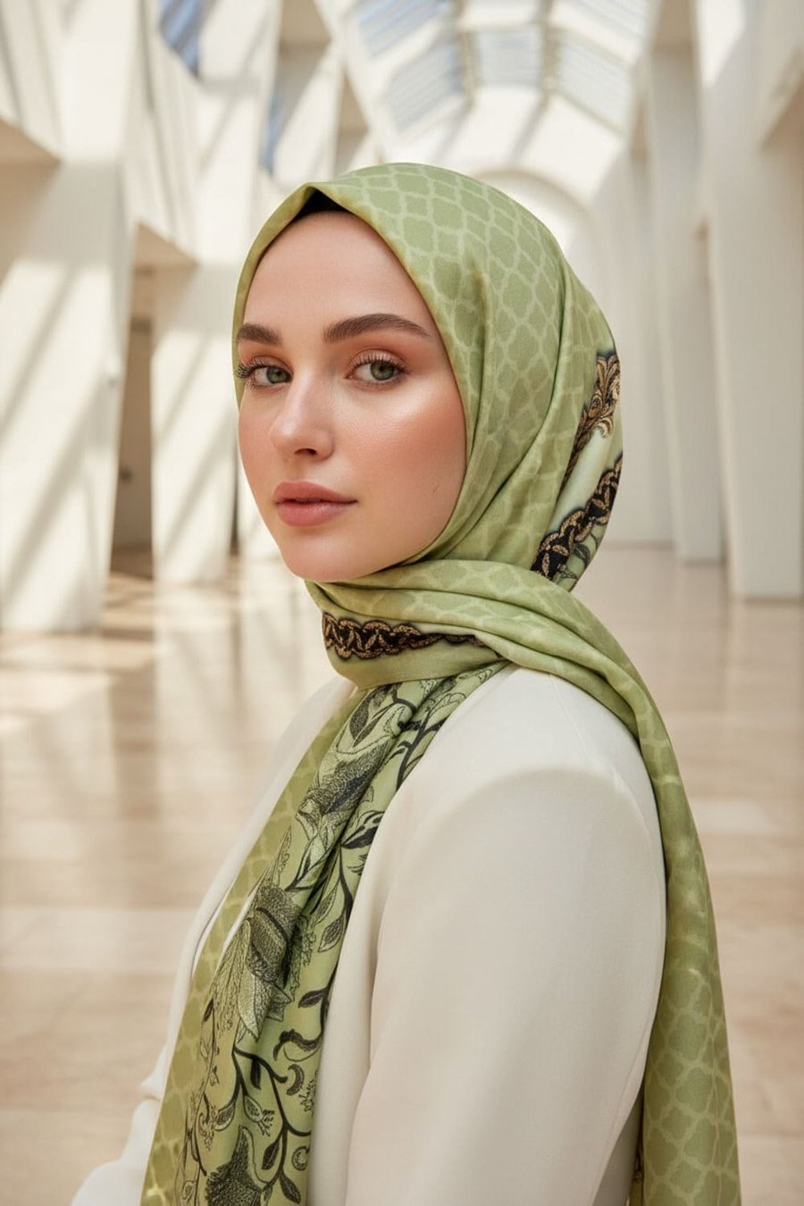 %100 Saf İpek Şal İnce Saten Vual Dokuma Yaprak Desenli Su Yeşili - Gold Renkli 90x210 Şal
