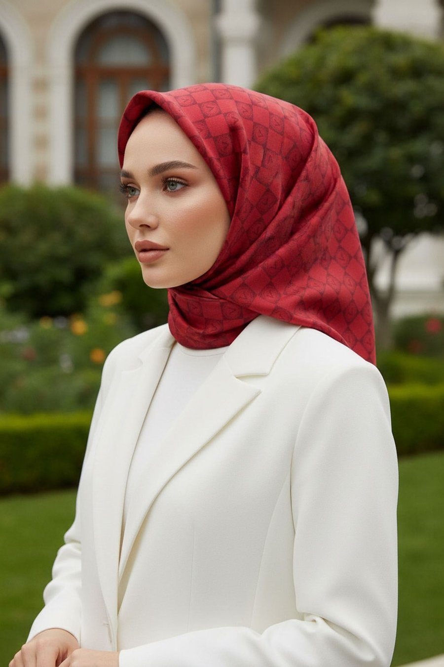 %100 Twill İpek Monogram Desenli Bordo Renkli 90x90 Eşarp Dikim Şekli : El Dikişi