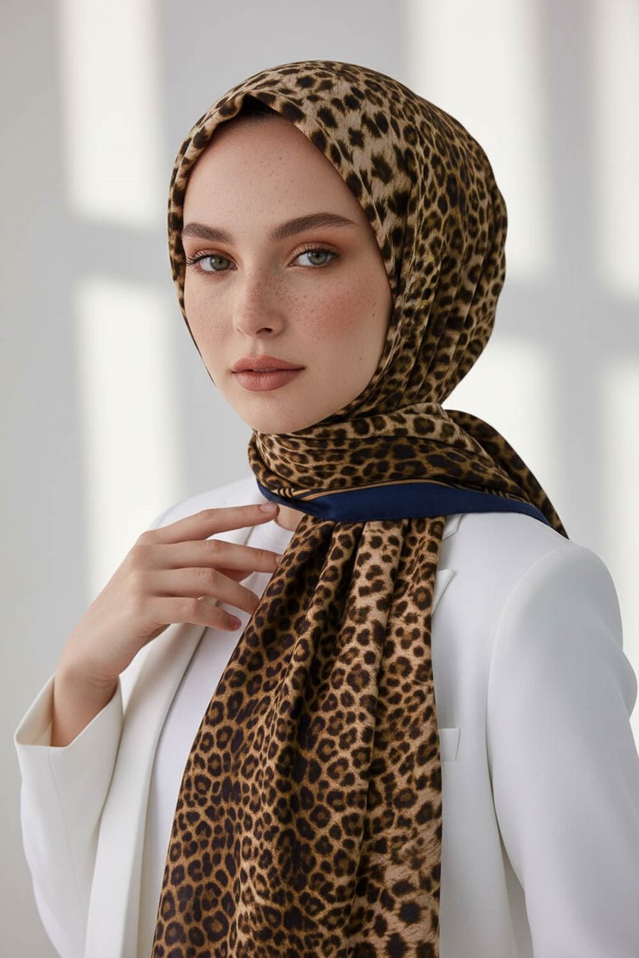 KREP BAROK BARDÜRLÜ LEOPAR DESENLİ HARDAL - LACİVERT RENKLİ 75X195 KIRIŞMAZ ŞAL