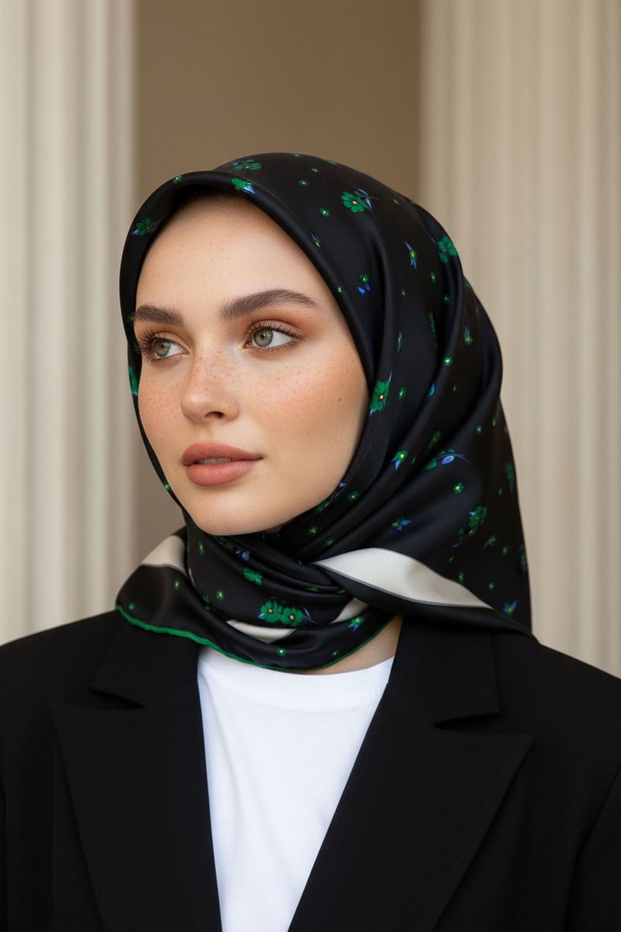 % 57 İPEK % 43 VİSKON Twill İpek Çıtır Çiçek Desenli Siyah - Zümrüt Yeşili Renkli 90x90 Eşarp Dikim Şekli : El Dikişi