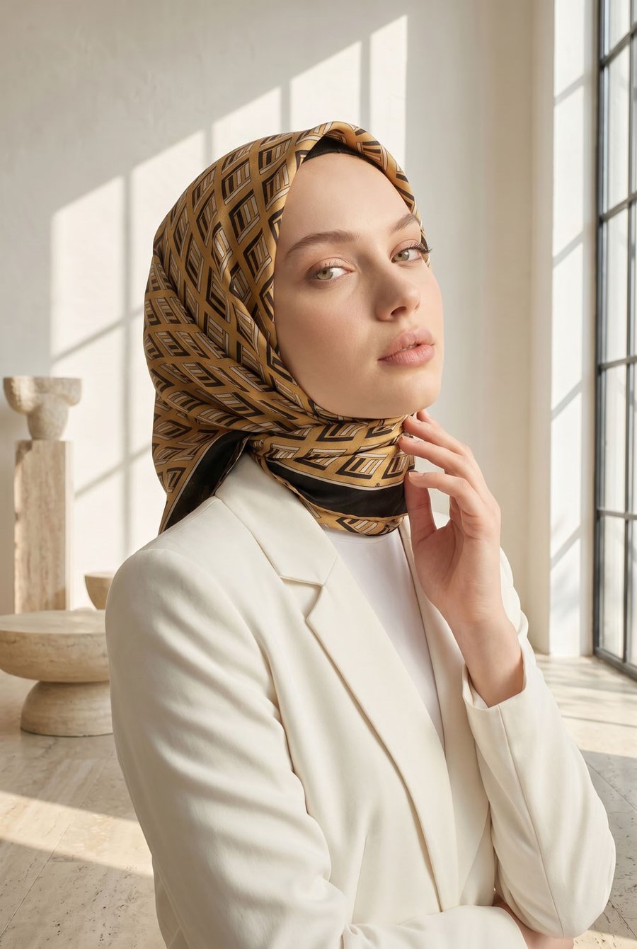 %100 Twill İpek Geometrik Desenli Gold- Siyah Renkli 90x90 Eşarp Dikim Şekli : El Dikişi