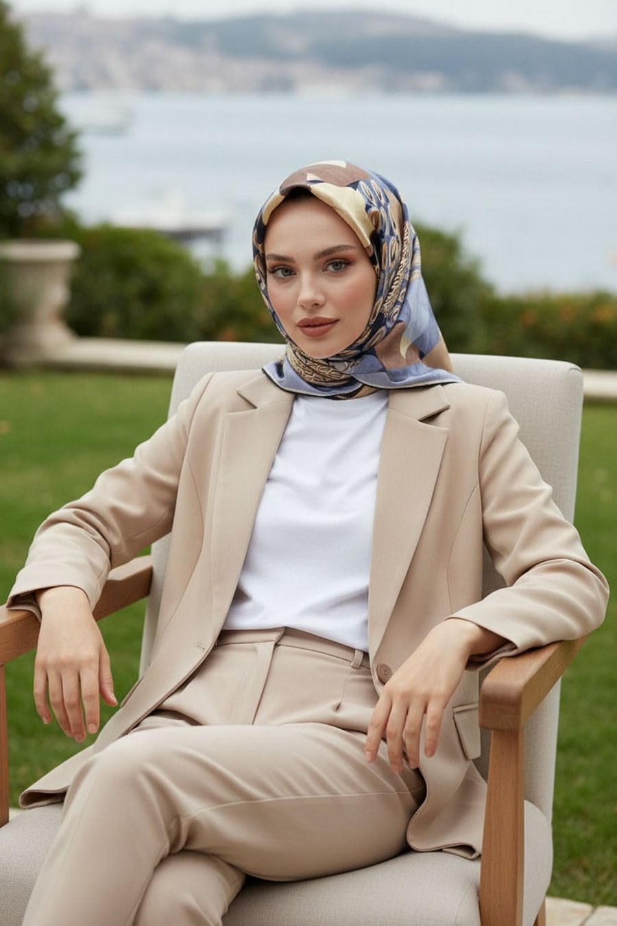 %100 Twill İpek Geometrik Desenli Gri - Sütlü Kahve Renkli 90x90 Eşarp Eşarp Kenar Dikiş Şekli El Dikişli