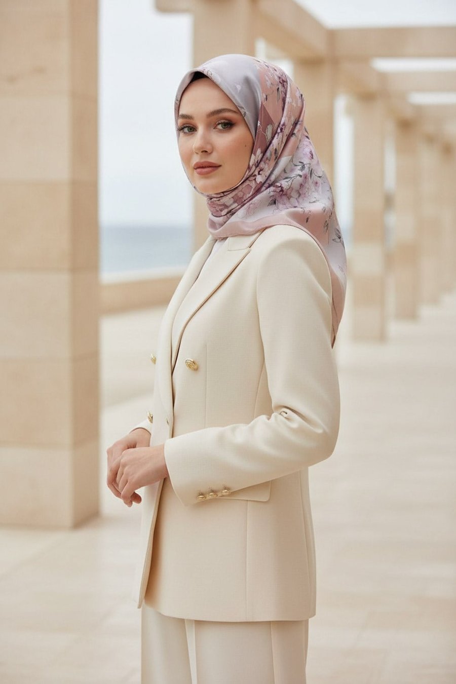 %100 Twill İpek Geometrik Ve Çiçek Desenli Pudra - Gri Renkli 90x90 Eşarp Dikim Şekli : El Dikişi