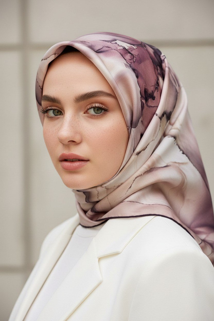%100 Twill İpek Batik Çiçek Desenli Pudra - Bej Renkli 90x90 Eşarp Kenar Dikiş Şekli El Dikişli