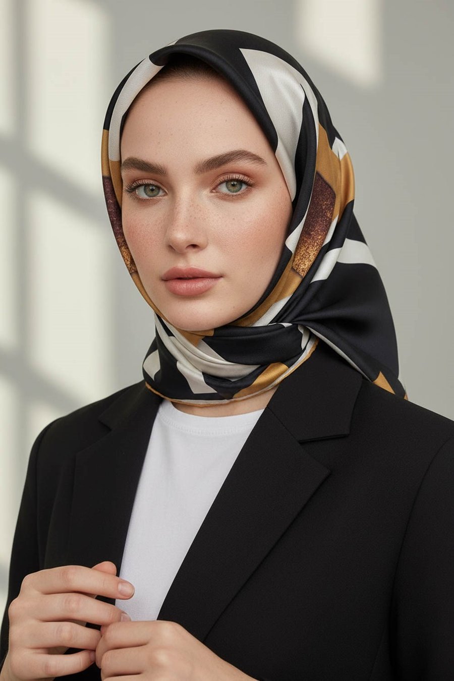 %100 Twill İpek Karo Desenli Gold - Siyah Renkli 90x90 Eşarp Dikim Şekli : El Dikişi