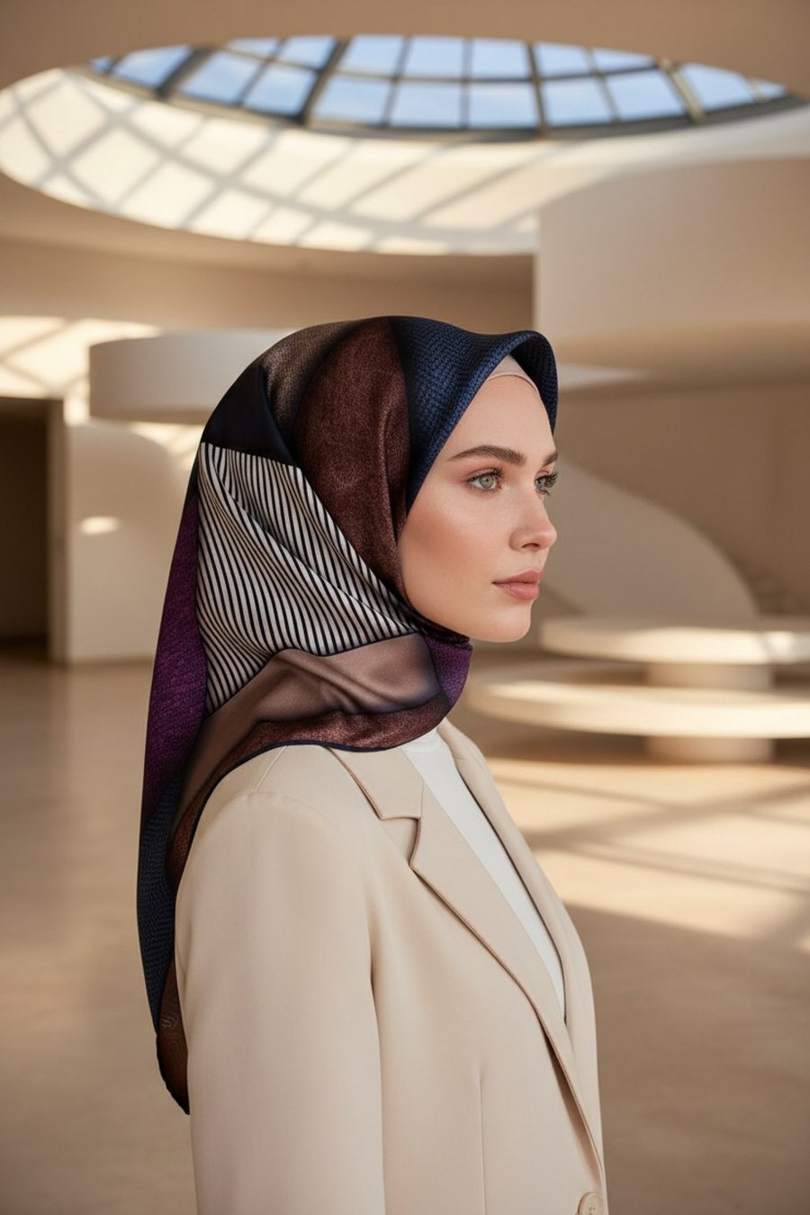 %100 Twill İpek Dokulu ve Geometrik Desenli Lacivert - Mürdüm Renkli 90x90 Eşarp Dikim Şekli : El Dikişi
