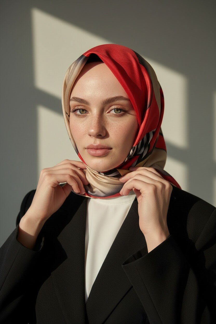 %100 Twill Renk Bloklu Çizgili Desenli Kırmızı - Bej Renkli 90x90 Eşarp Dikim Şekli: El Dikişii