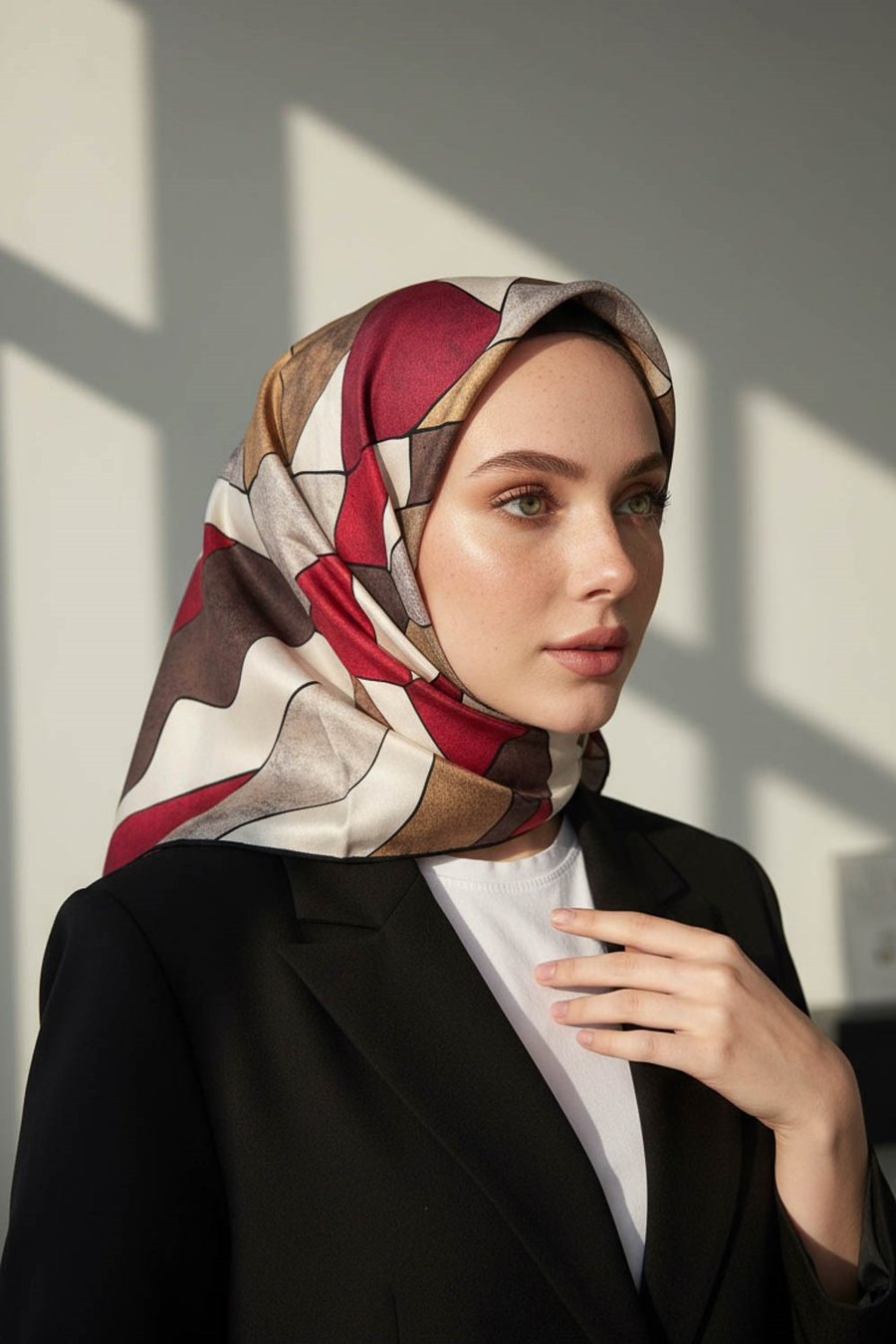 %100 Twill İpek Geometrik Desenli Bej - Bordo Renkli 90x90 Eşarp Dikim Şekli : El Dikişi