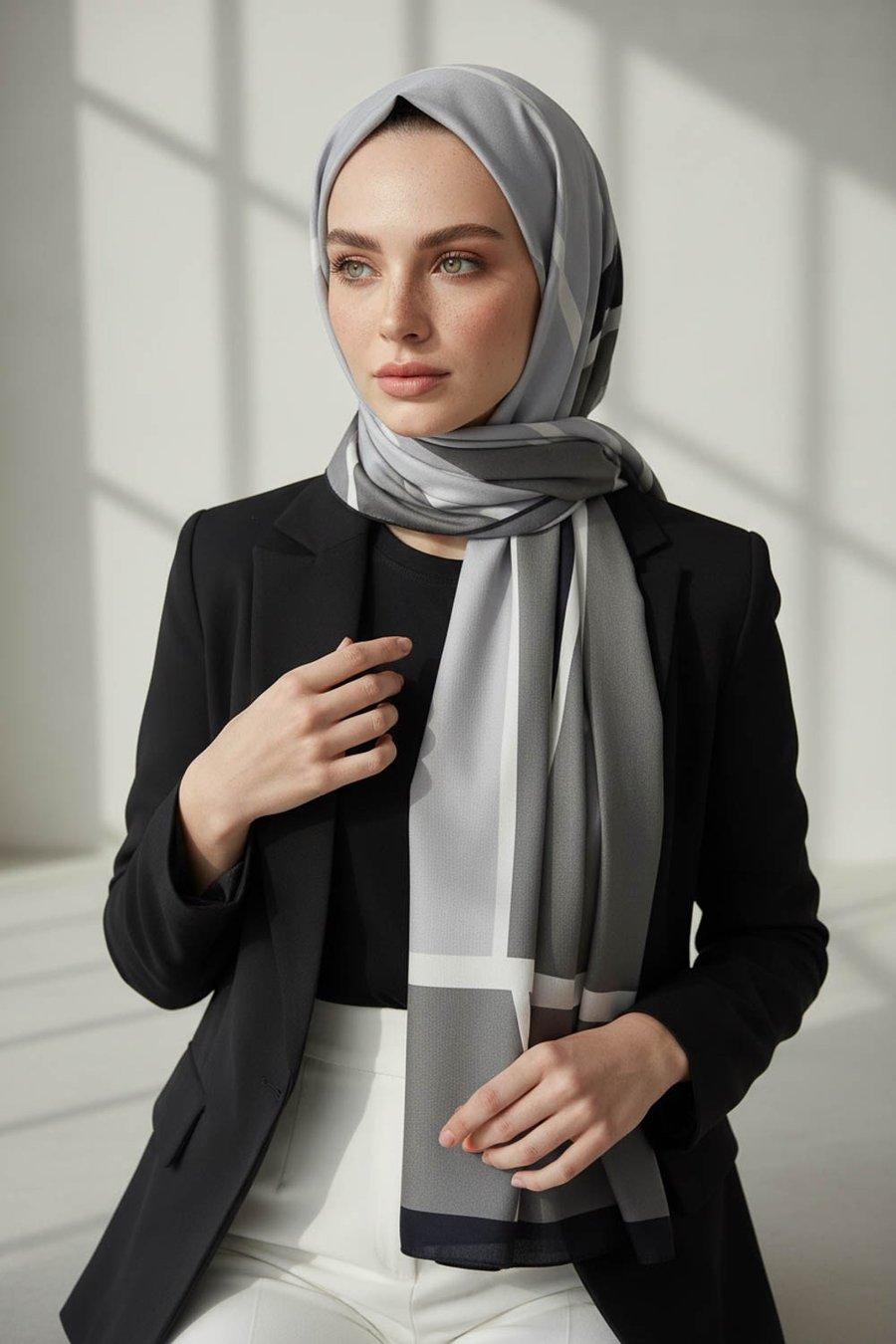 KREP GEOMETRIK DESENLİ GRİ RENKLİ 75X195 KIRIŞMAZ ŞAL