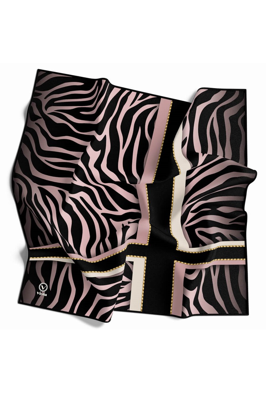Twill Zebra Desenli Siyah - Pudra Renkli 90x90 Eşarp (İpek İçermez) Dikim Şekli : El Dikişi