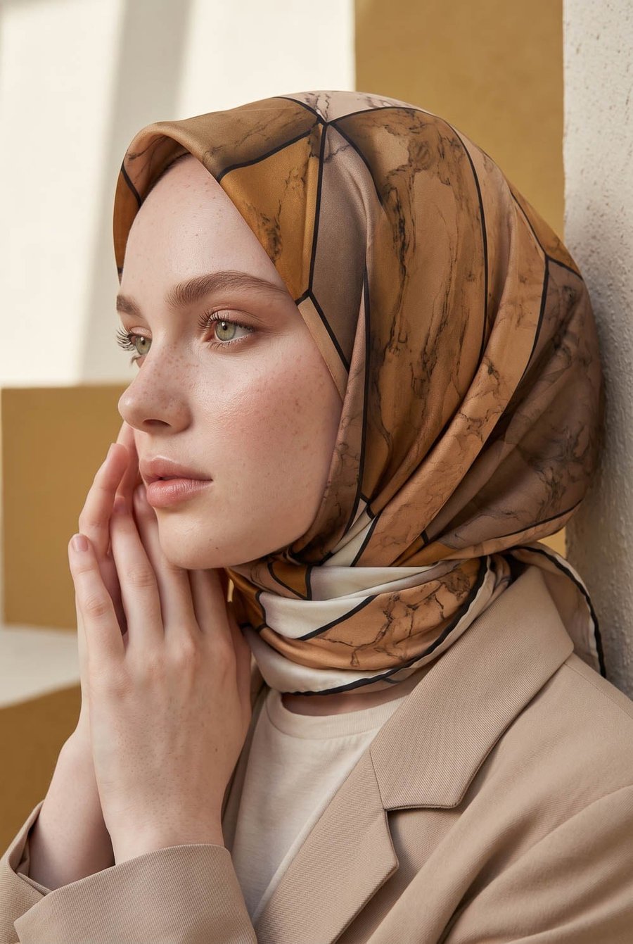 Rayon Mermer Desenli Hardal - Bej Renkli 90x90 Eşarp (İpek İçermez) Kenar Dikiş Şekli El Dikişli