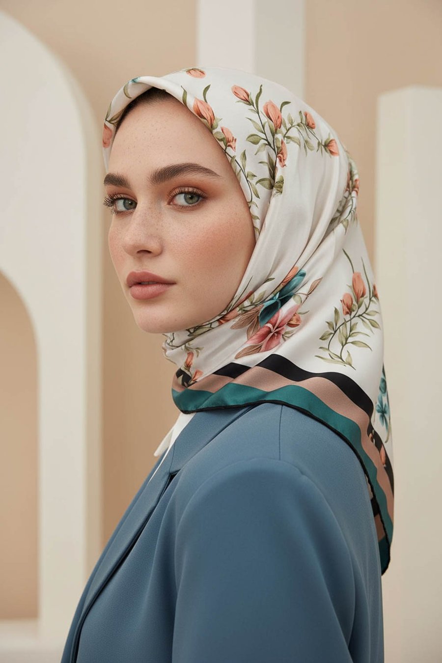 Rayon Çiçek Desenli Petrol Yeşili Renkli 90x90 Eşarp (İpek İçermez) Dikim Şekli : El Dikişi