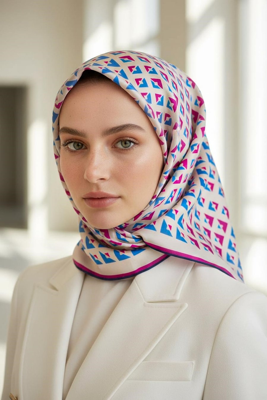 %100 Twill İpek Geometrik Desenli Saks - Fuşya Renkli 90x90 Eşarp Dikim Şekli : El Dikişi