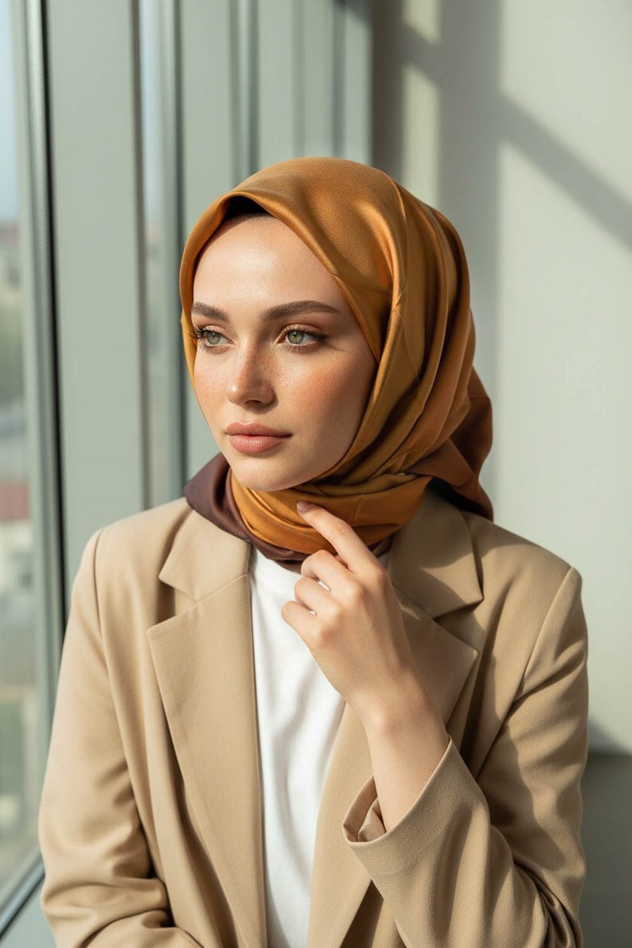 %100 Twill İpek Degrade Desenli Gold Renkli 90x90 Eşarp Dikim Şekli : El Dikişi
